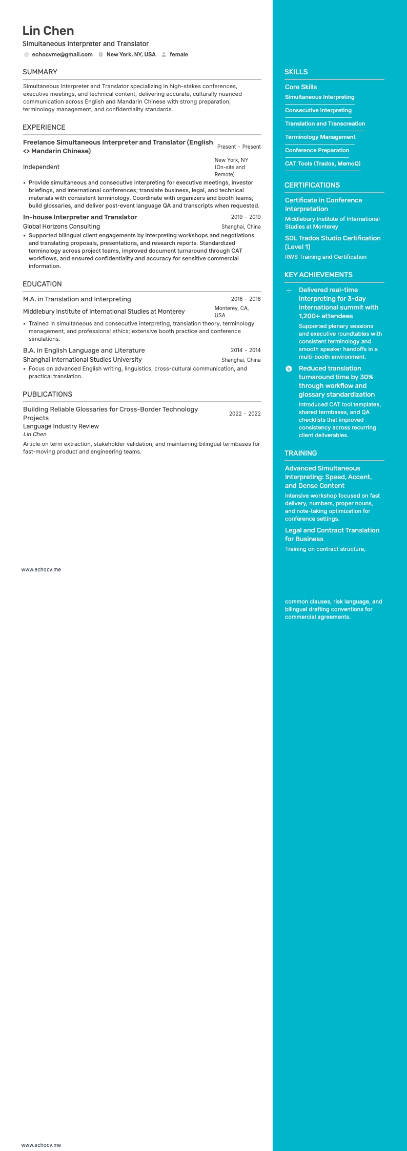 Simultaneous Interpreter and Translator example resume