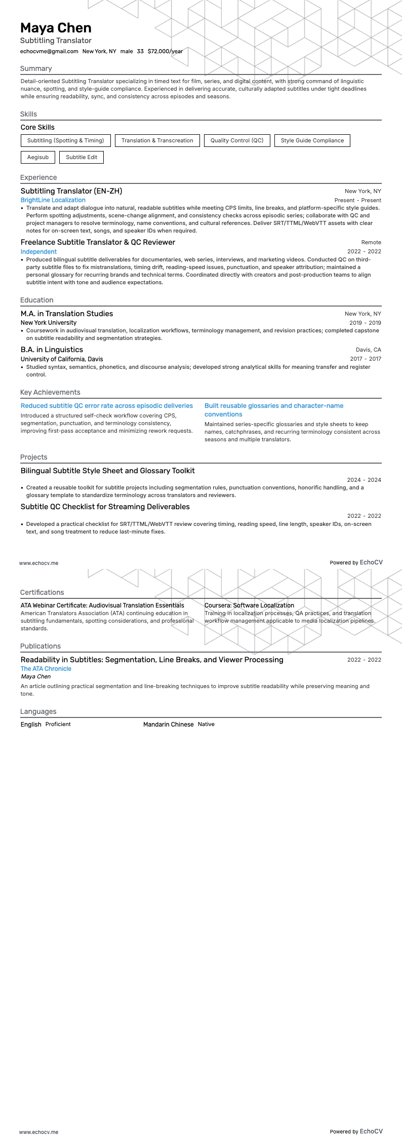 Subtitling Translator example resume