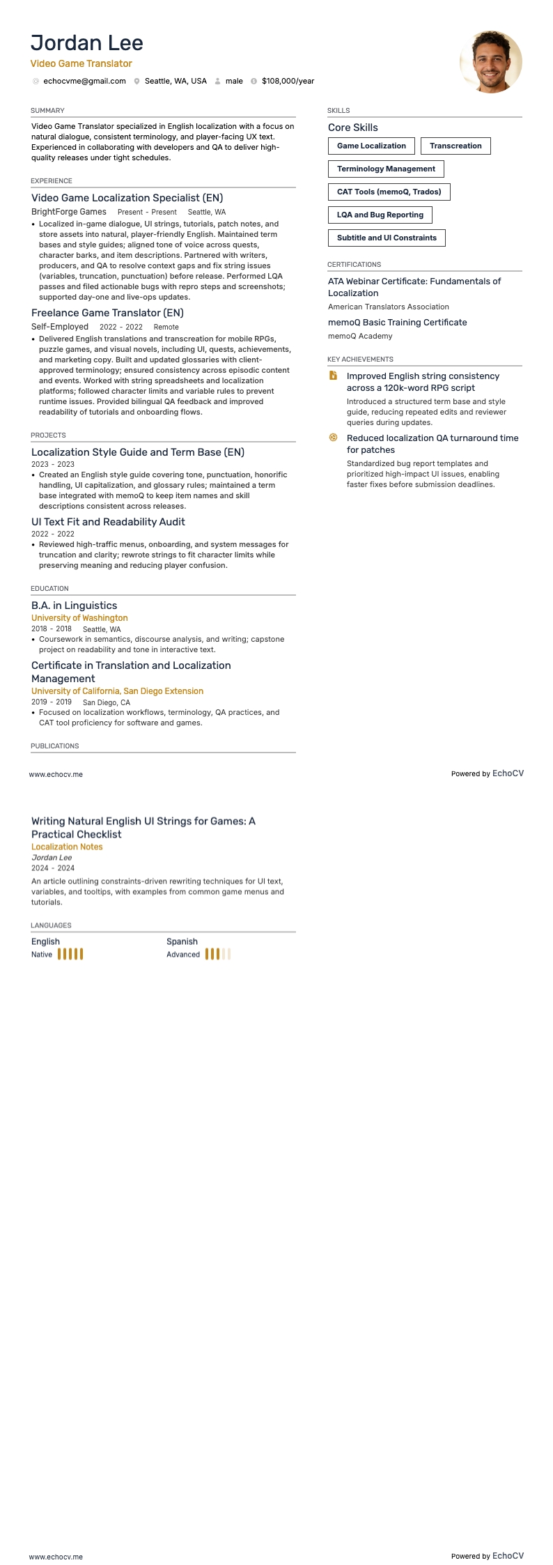 Video Game Translator example resume