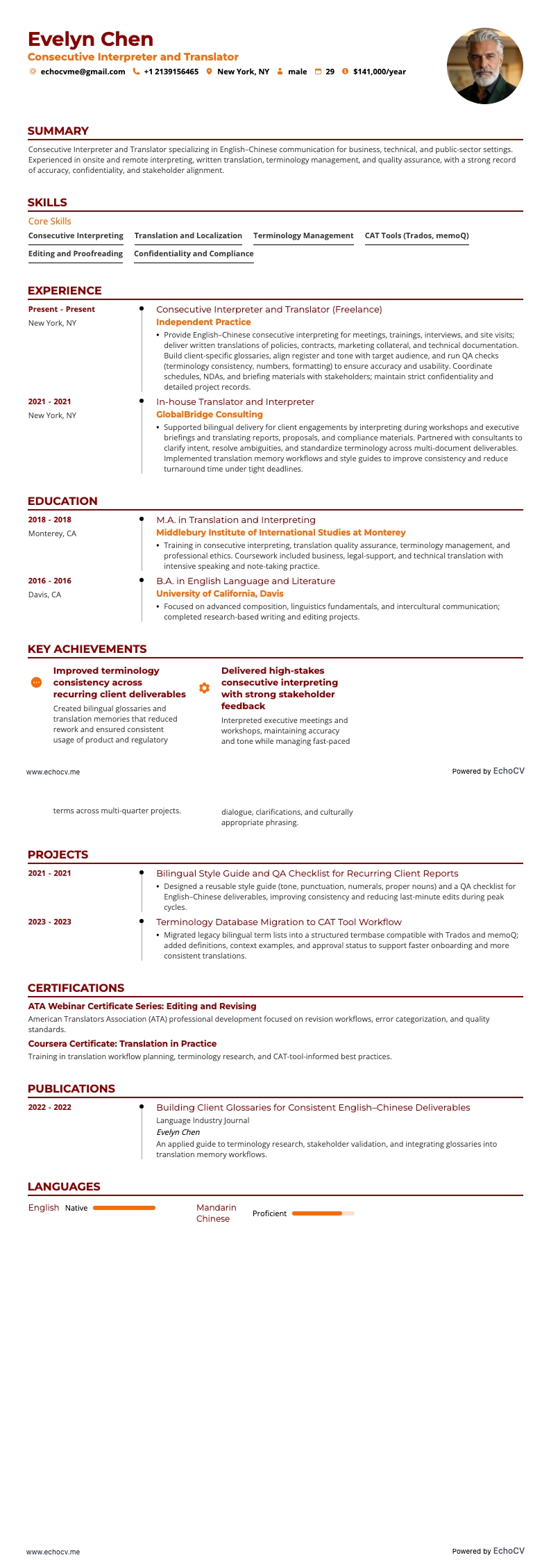 Consecutive Interpreter and Translator example resume