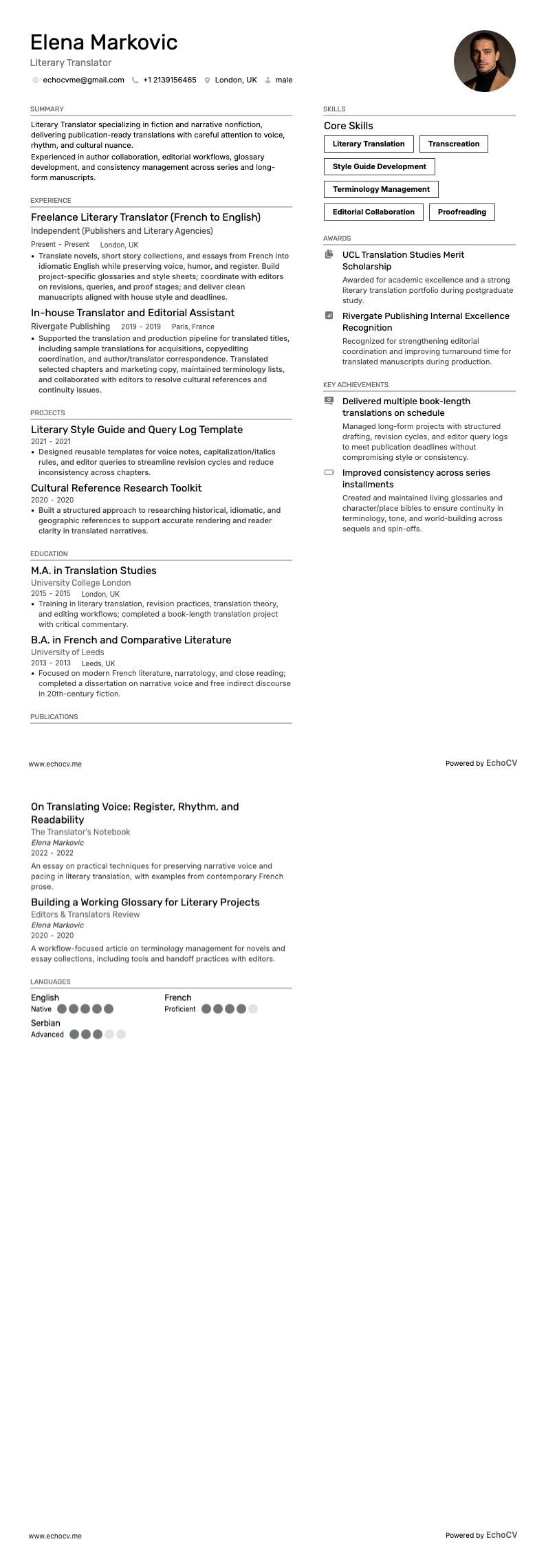 Literary Translator example resume