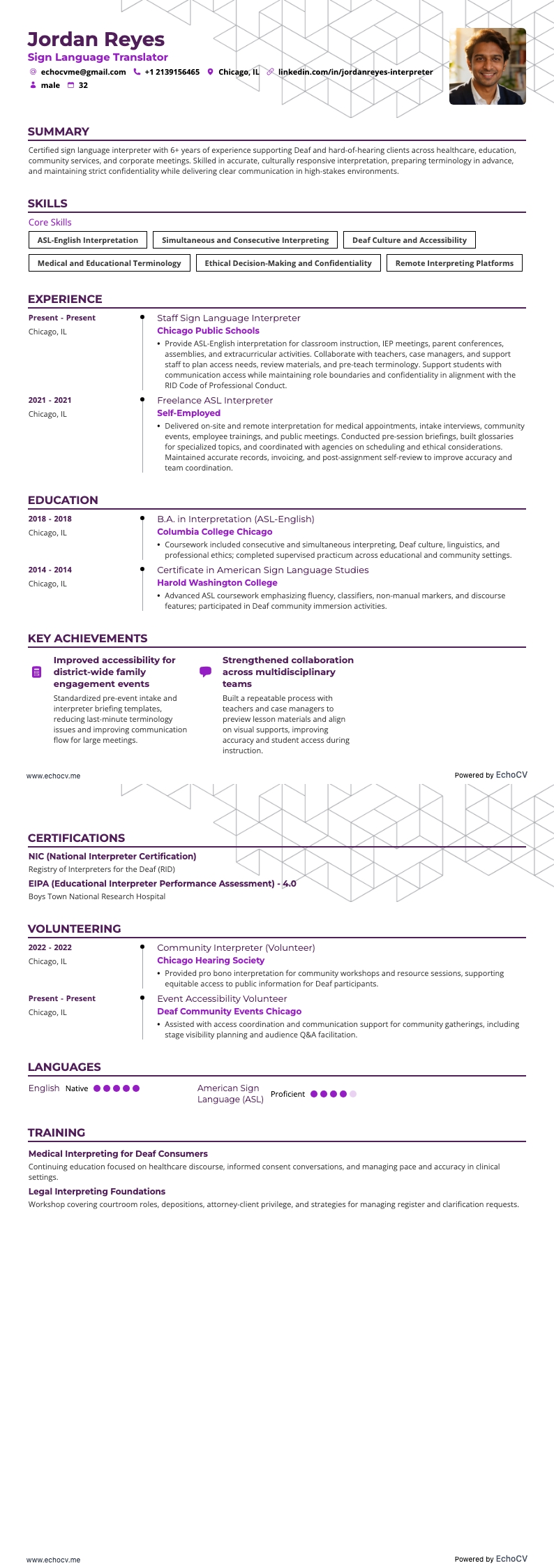 Sign Language Translator example resume