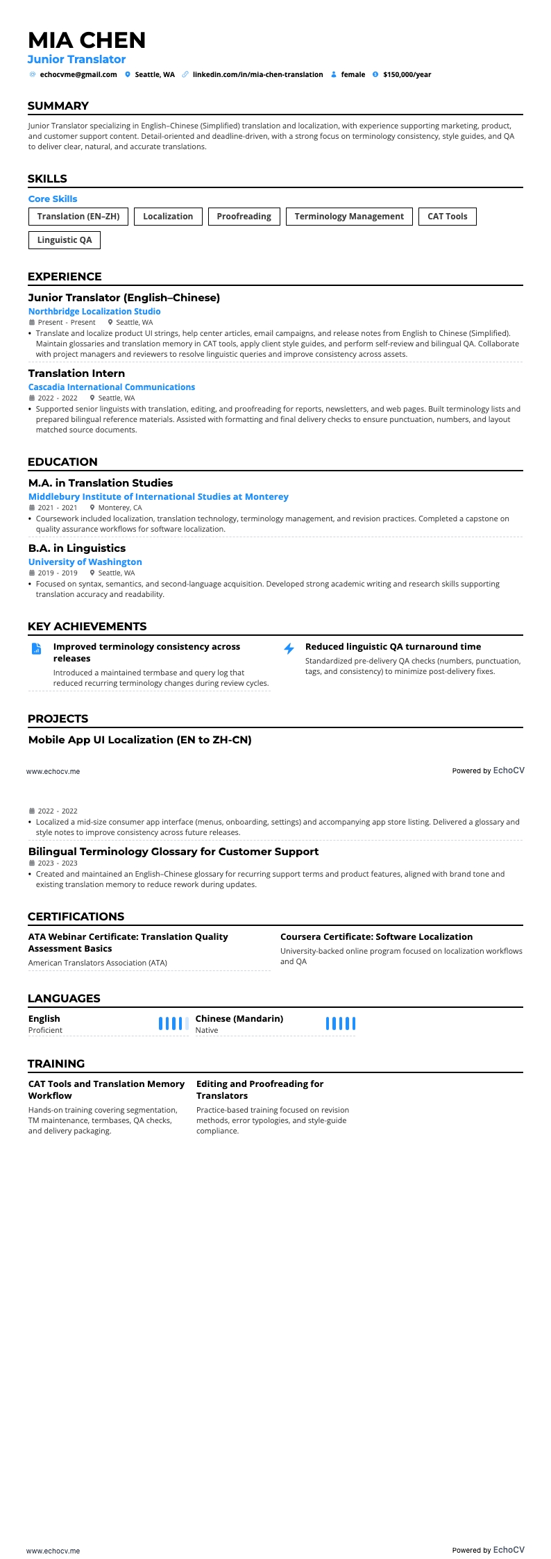 Junior Translator example resume