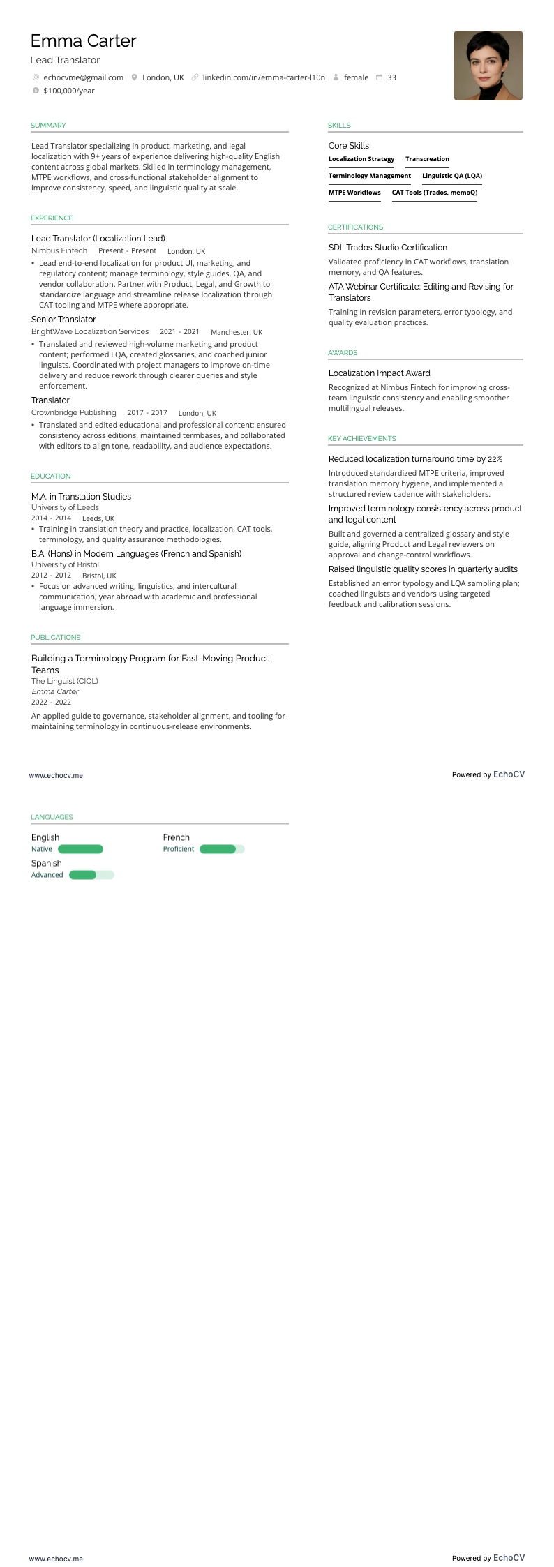 Lead Translator example resume