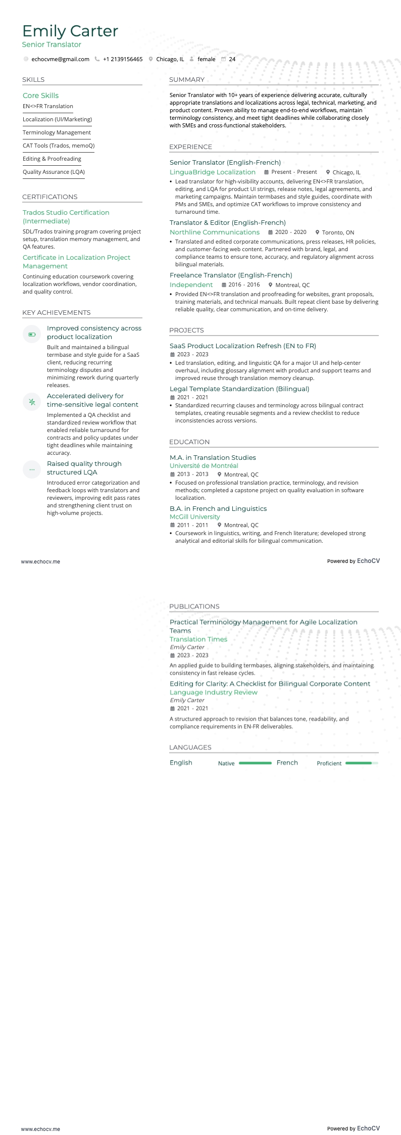 Senior Translator example resume