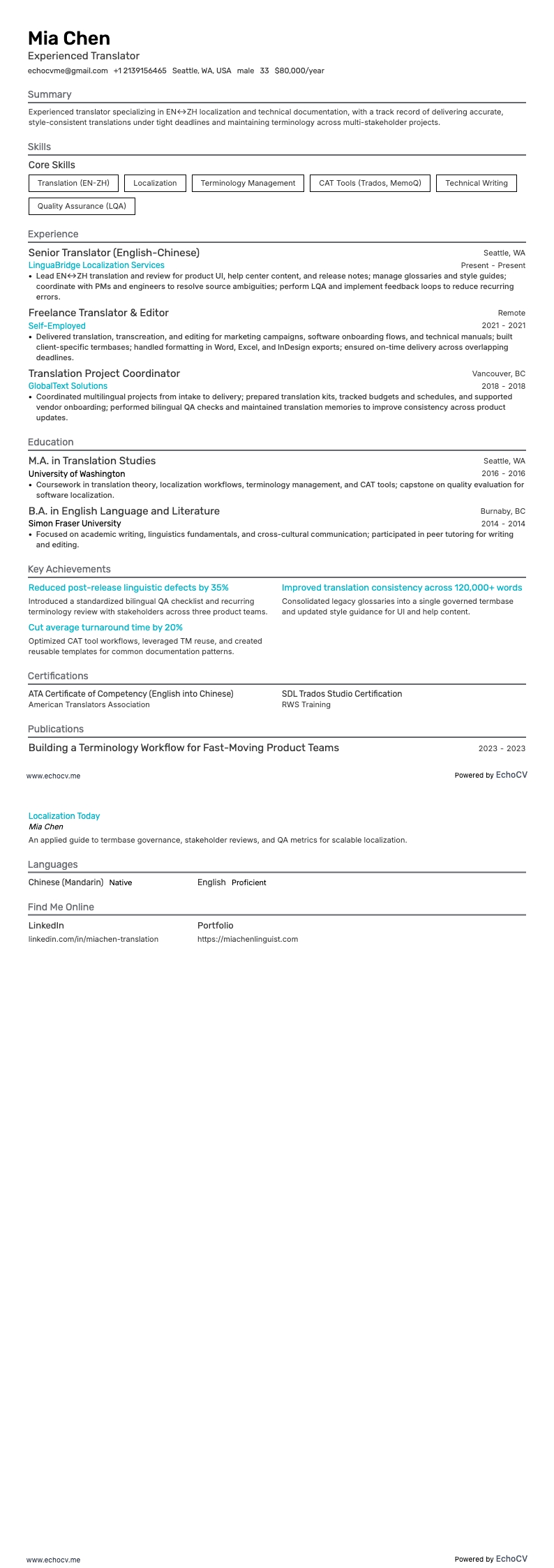 Experienced Translator example resume