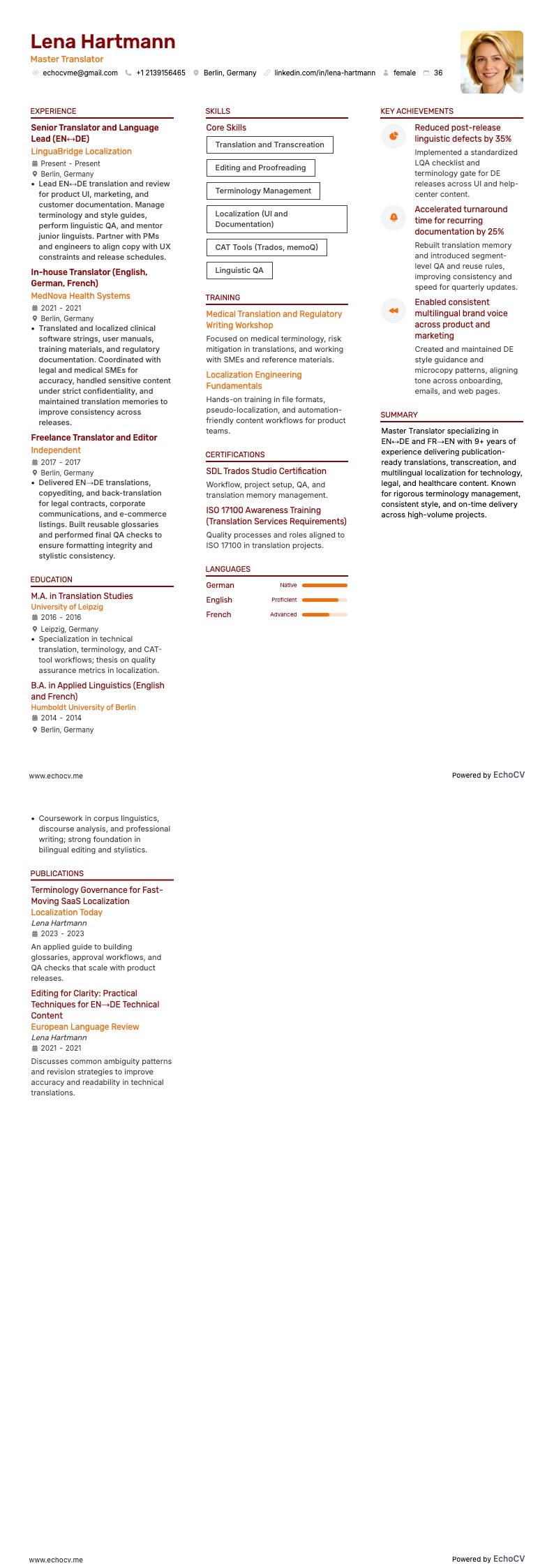 Master Translator example resume