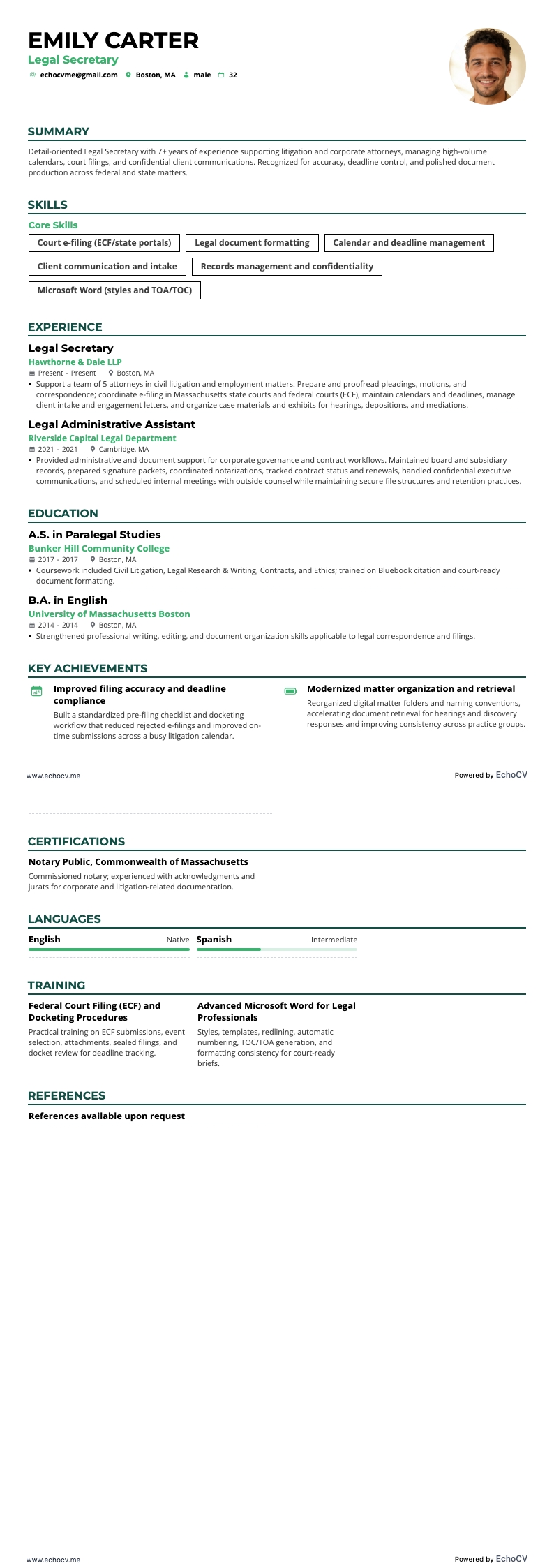 Juridisk sekreterare example resume