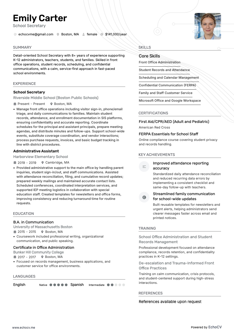 Skolsekreterare example resume