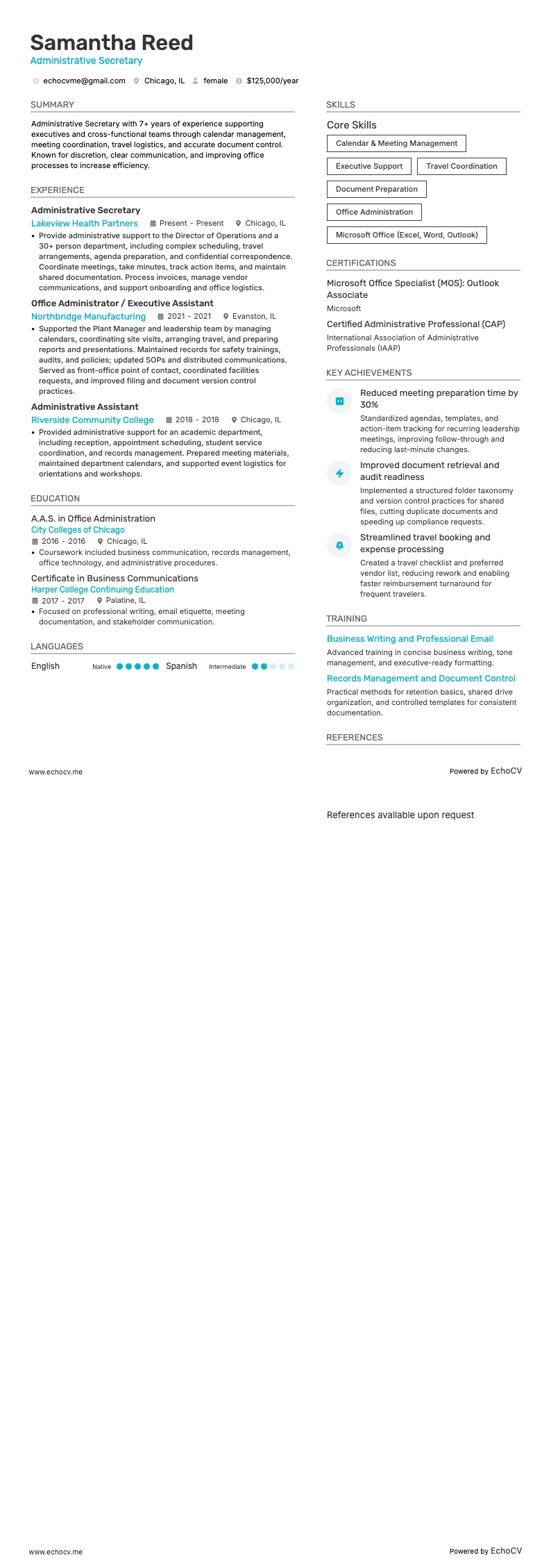 Administrativ sekreterare example resume