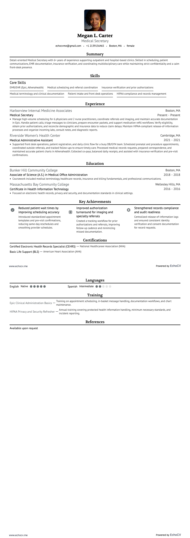 Medicinsk sekreterare example resume
