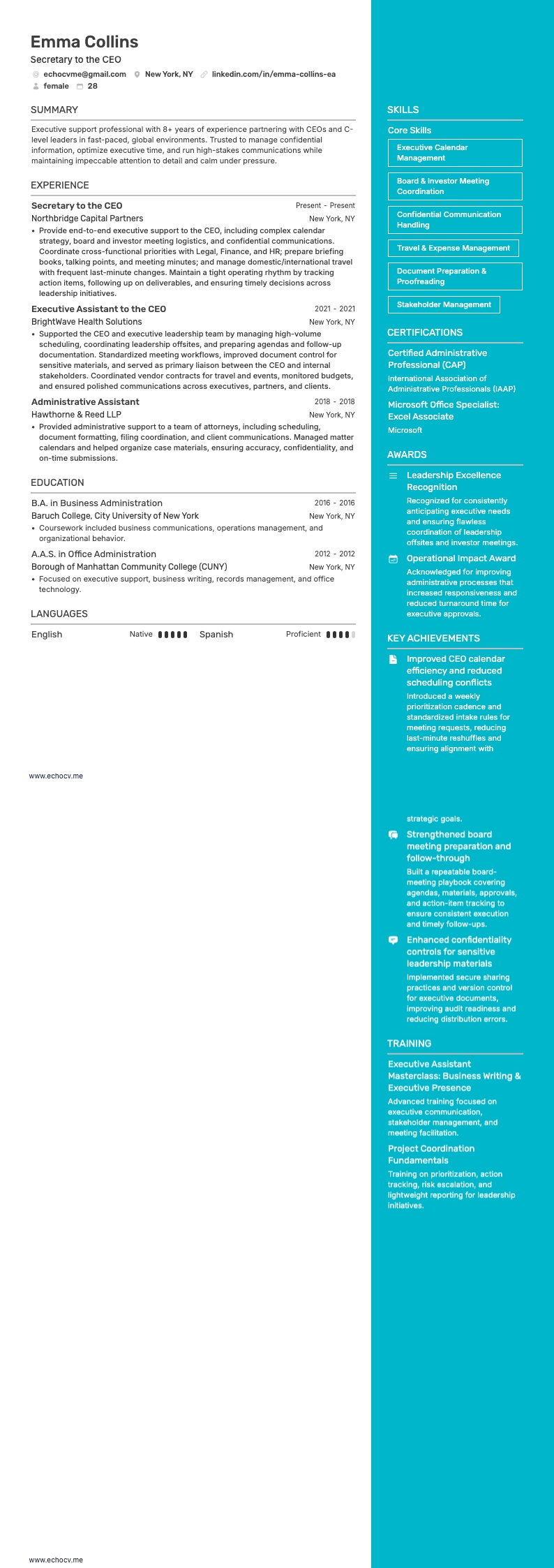 VD-sekreterare example resume