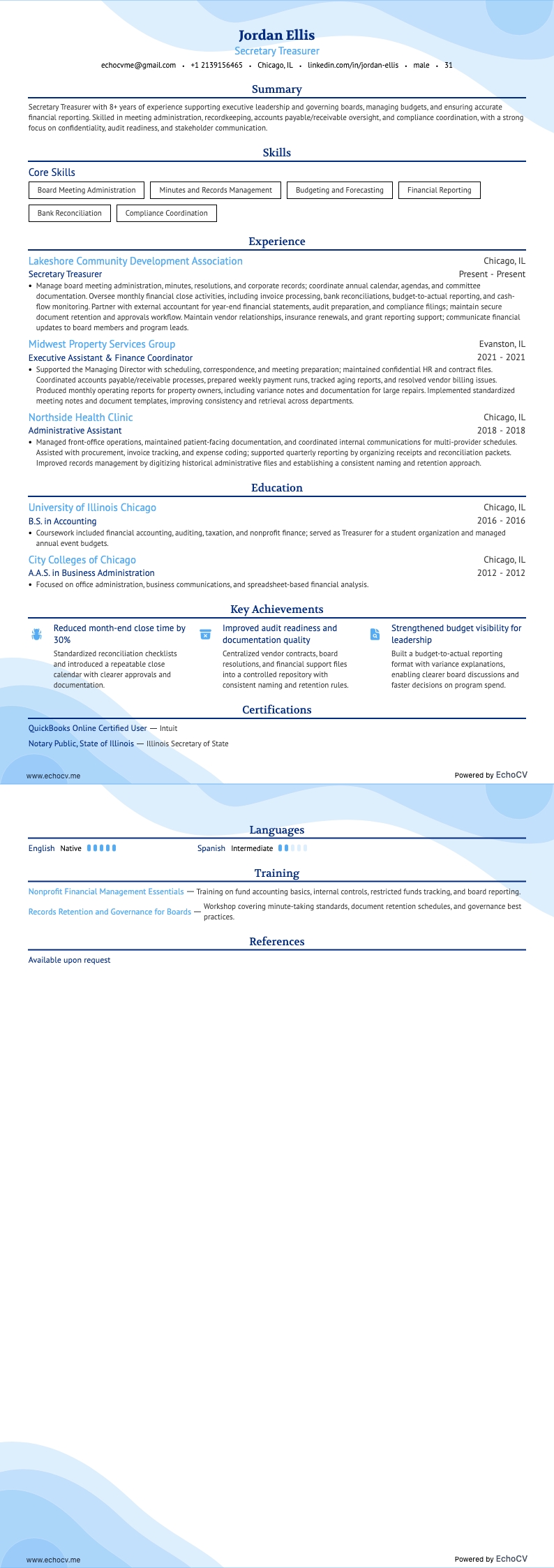 Sekreterare och kassör example resume