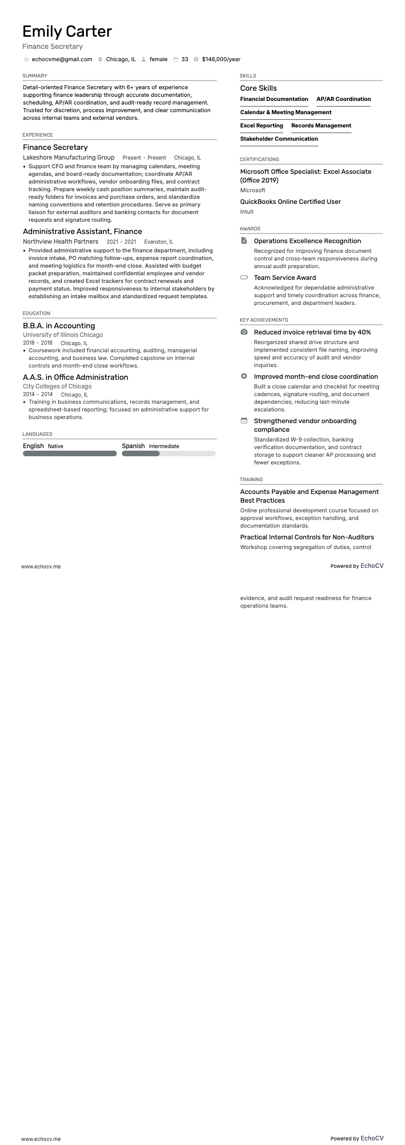 Finanssekreterare example resume