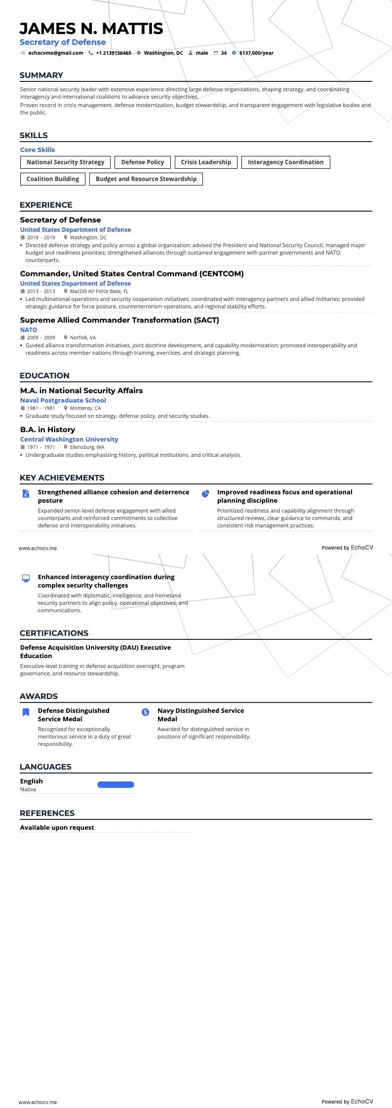 Försvarsminister example resume