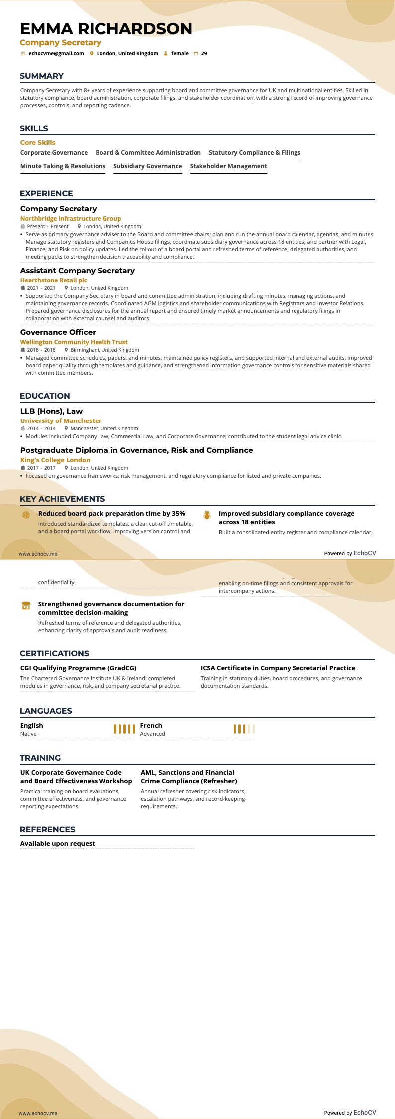 Företagssekreterare example resume
