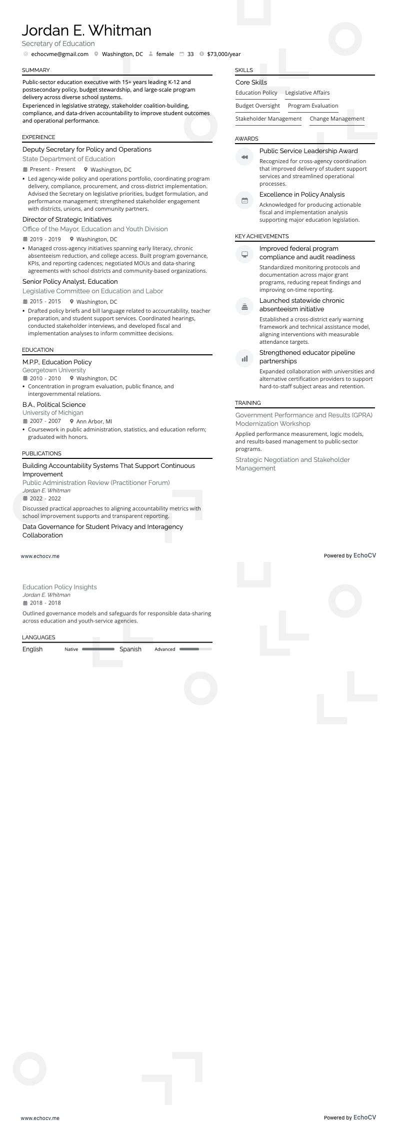 Utbildningsminister example resume