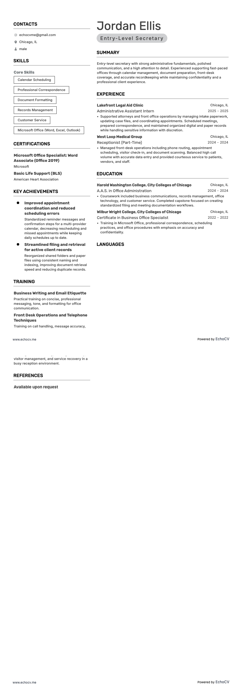 Sekreterare på ingångsnivå example resume