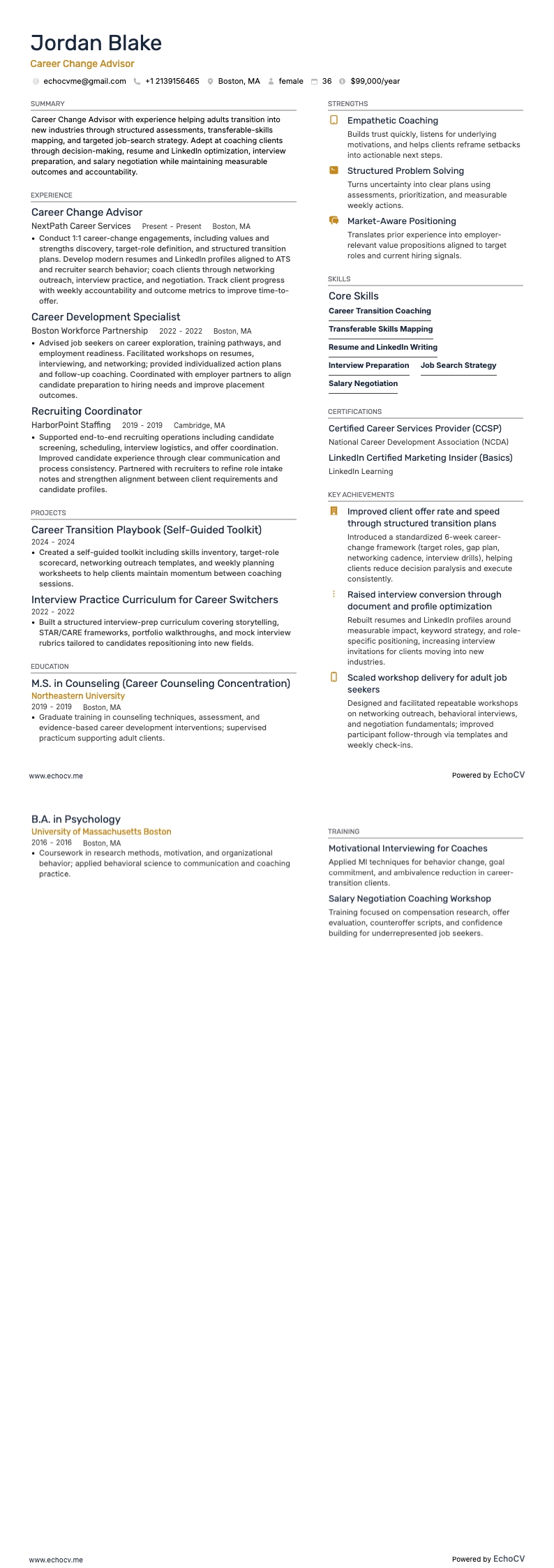 キャリアチェンジ resume example