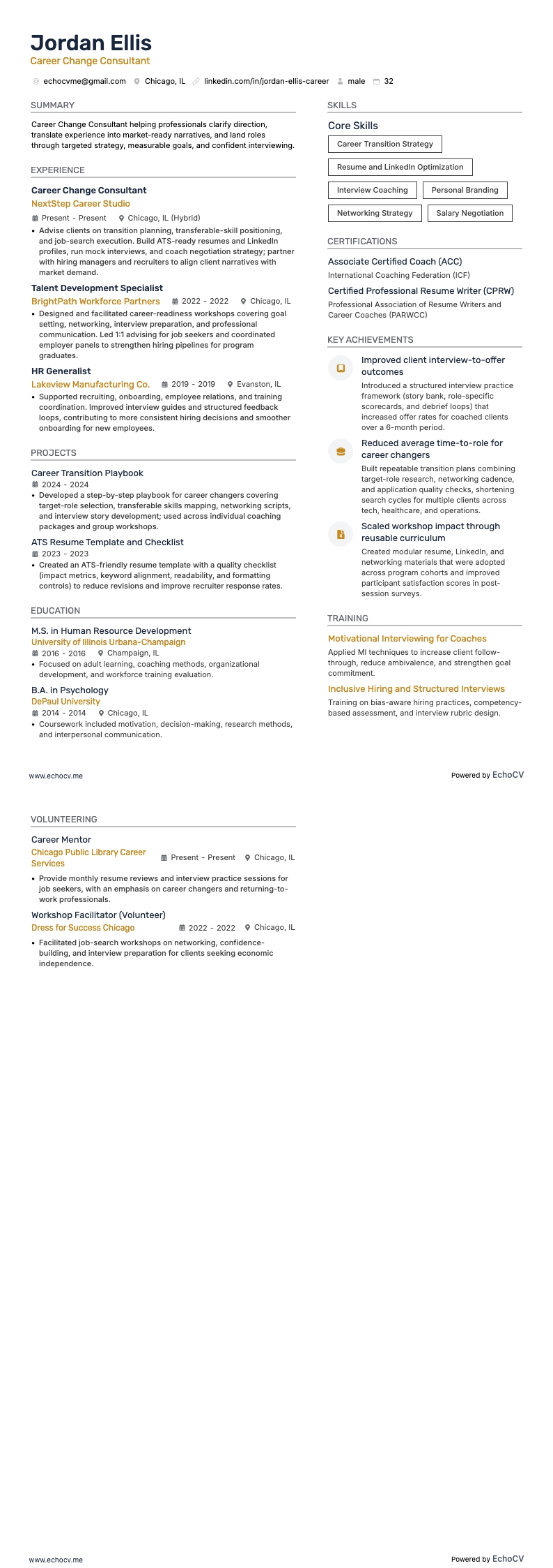 Career Change Consultant example resume