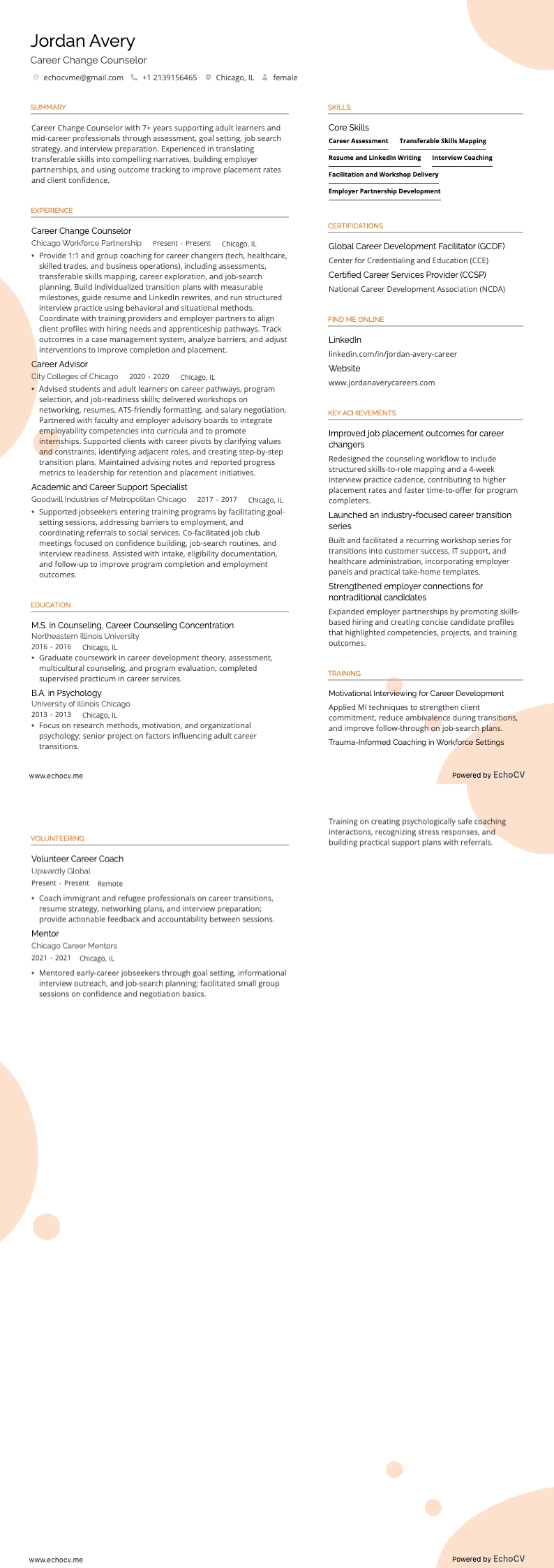 Career Change Counselor example resume