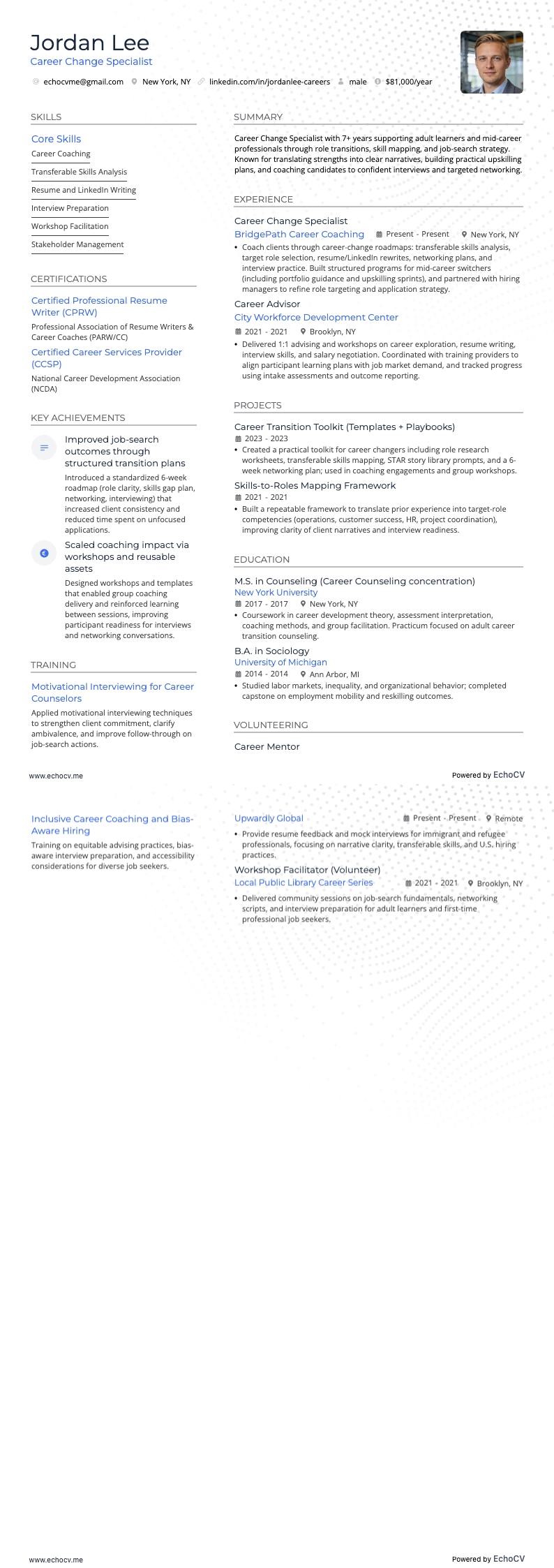 Mudança de carreira resume example