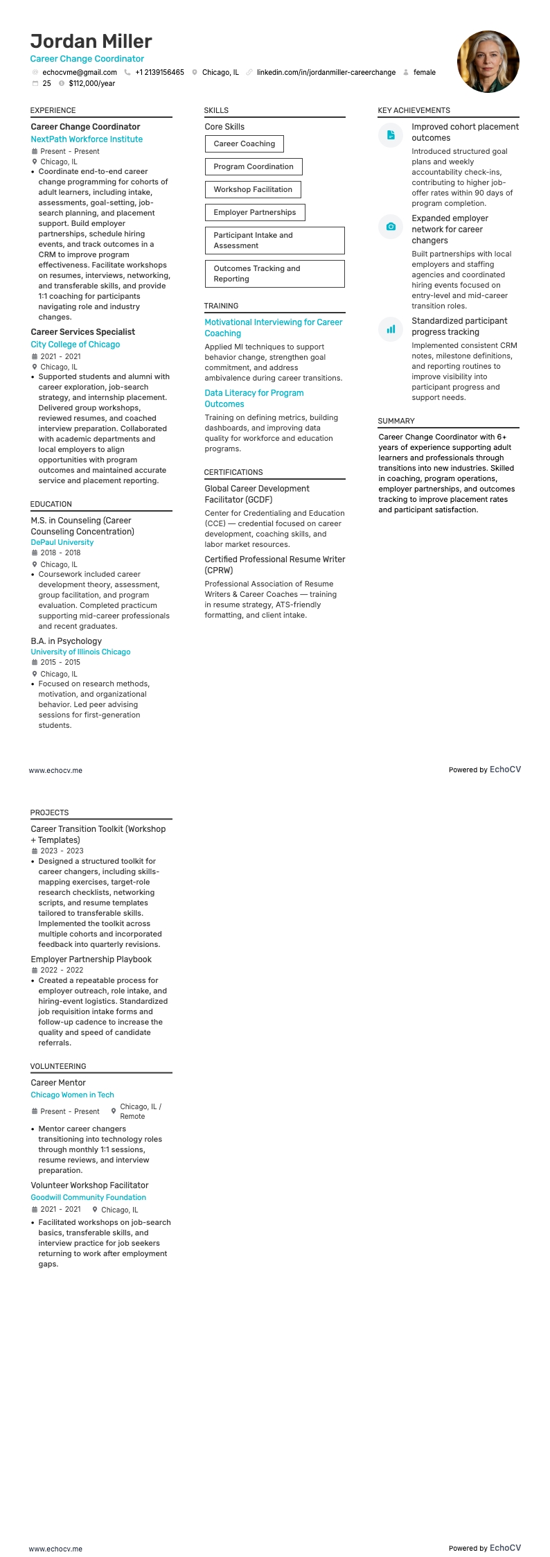 Career Change Coordinator example resume