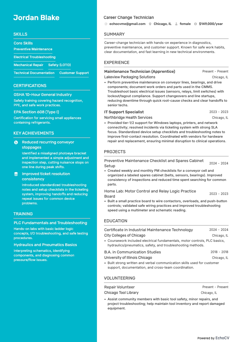 Career Change Technician example resume