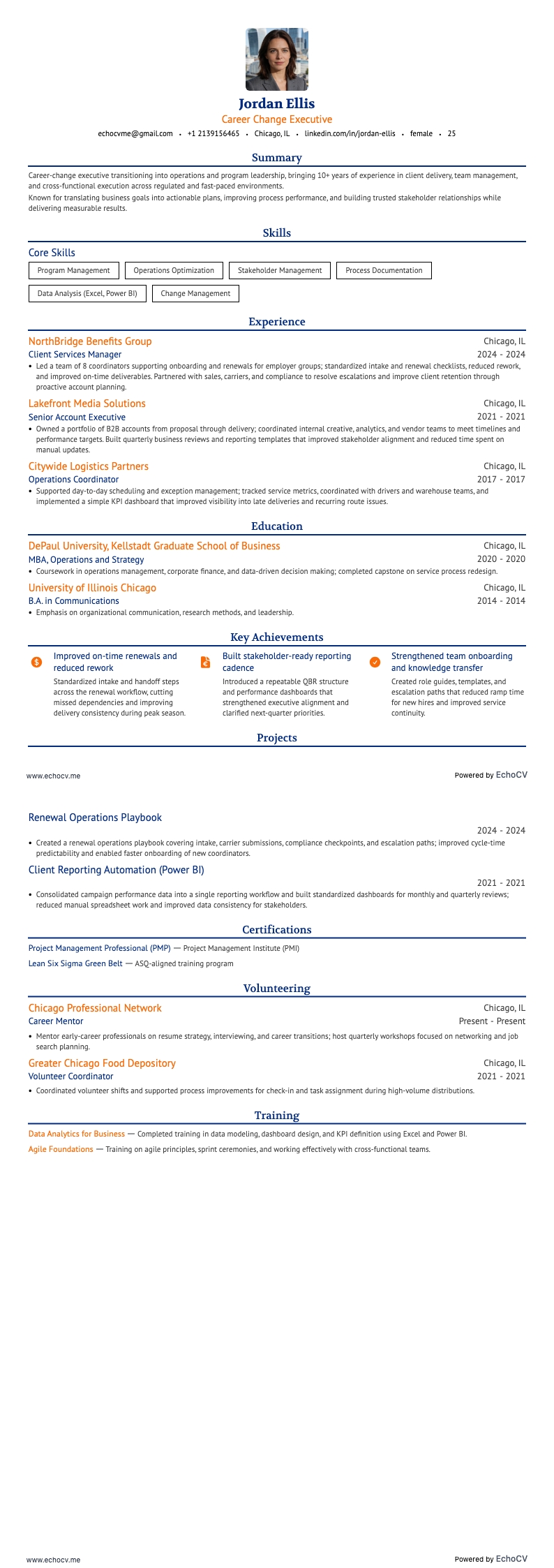 Career Change Executive example resume