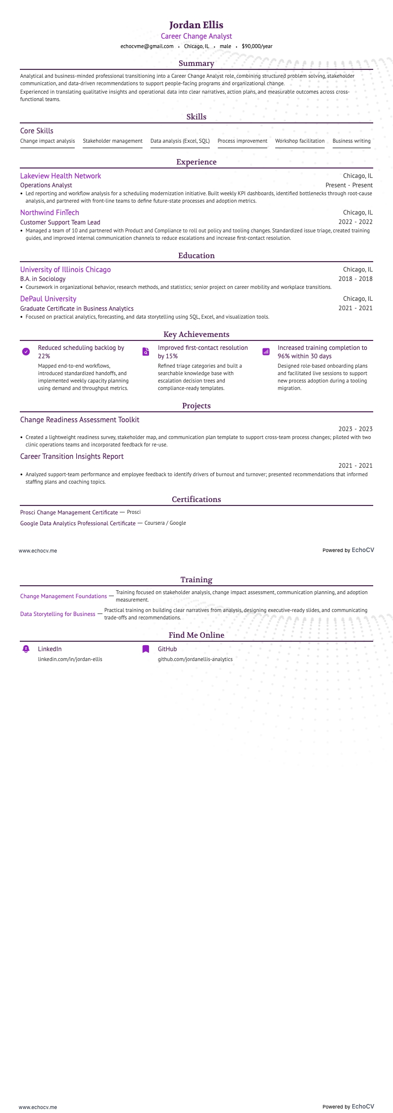 Career Change Analyst example resume