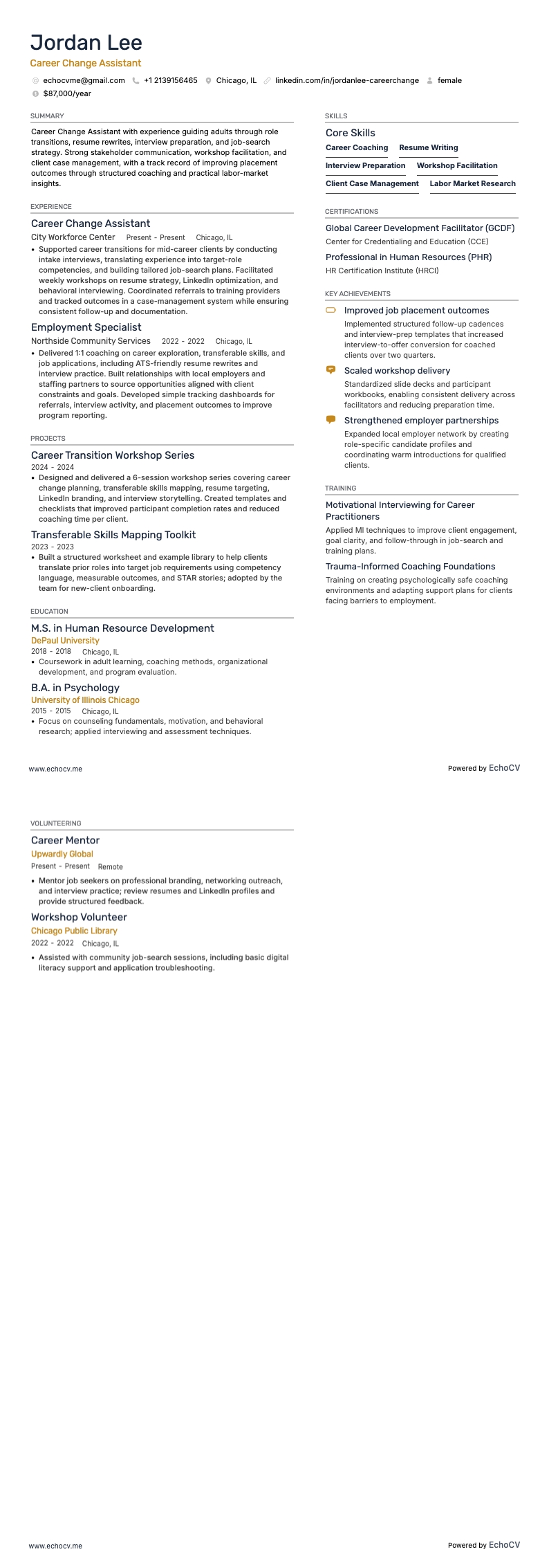 Career Change Assistant example resume