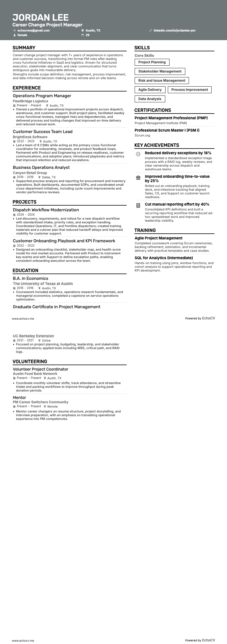 职业转型 resume example