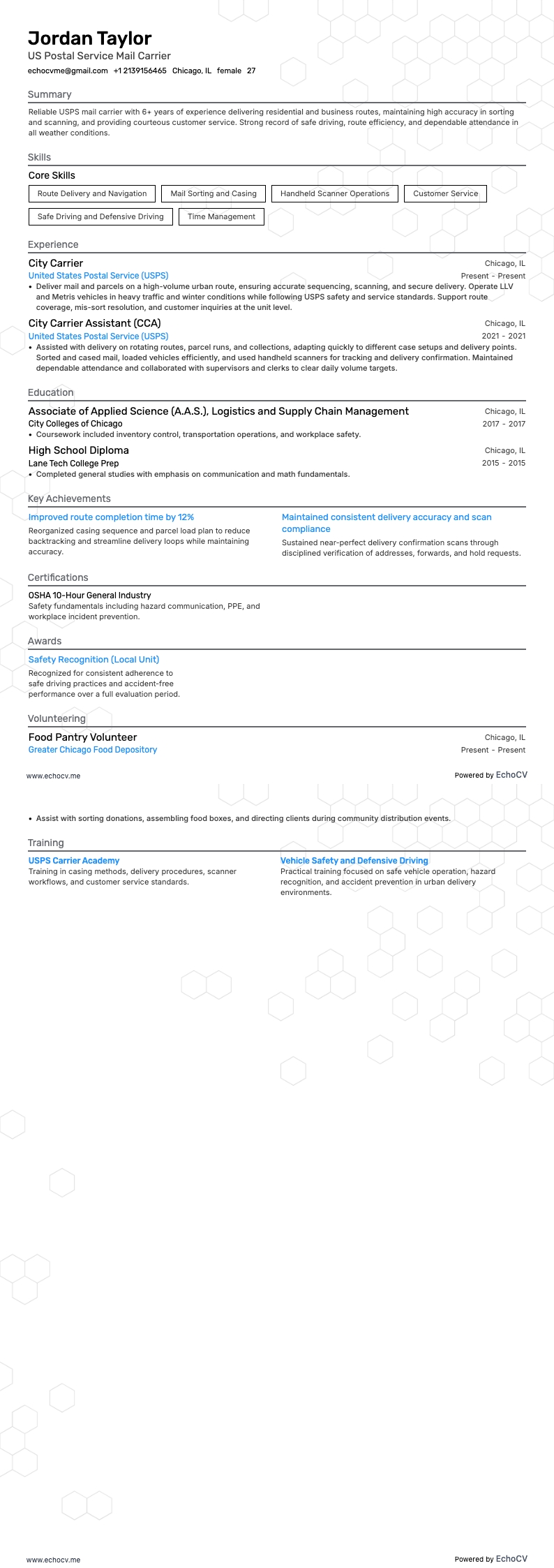 US Postal Service Mail Carrier resume example