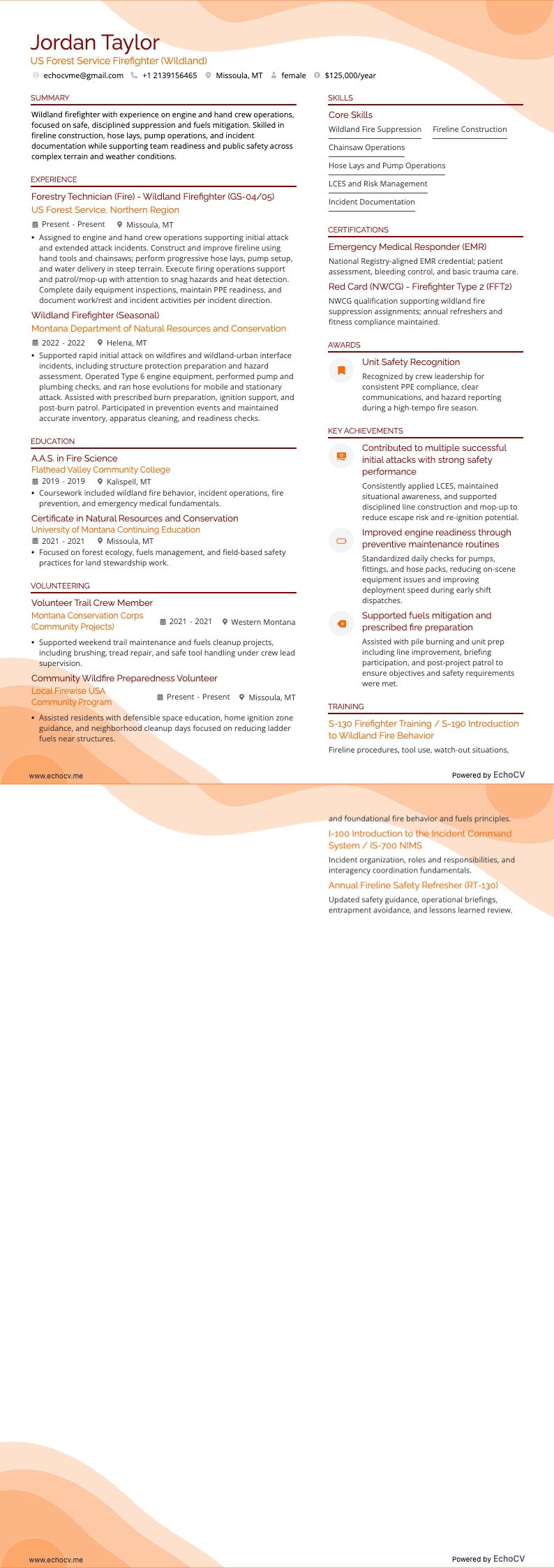 US Forest Service Firefighter example resume