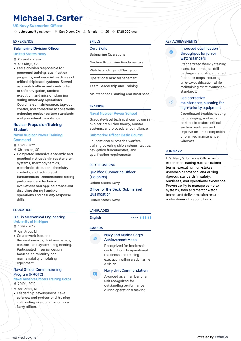 US Navy Submarine Officer example resume