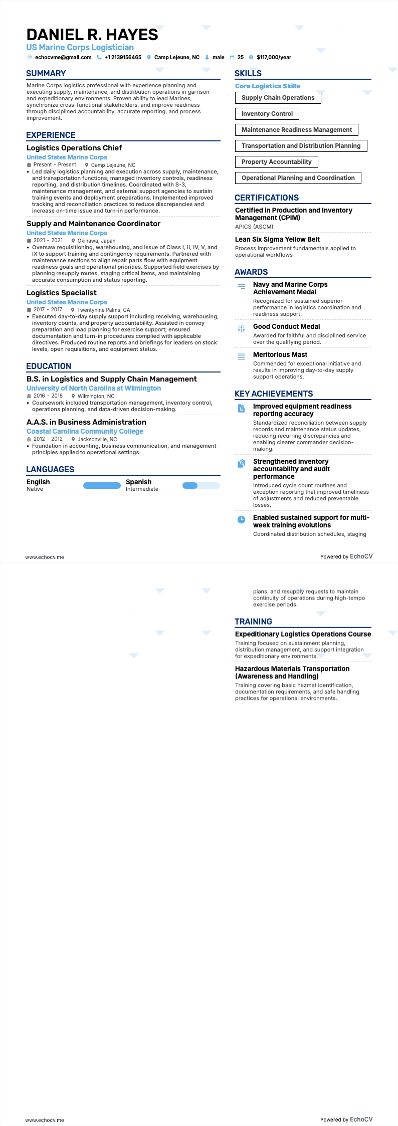 US Marine Corps Logistician example resume