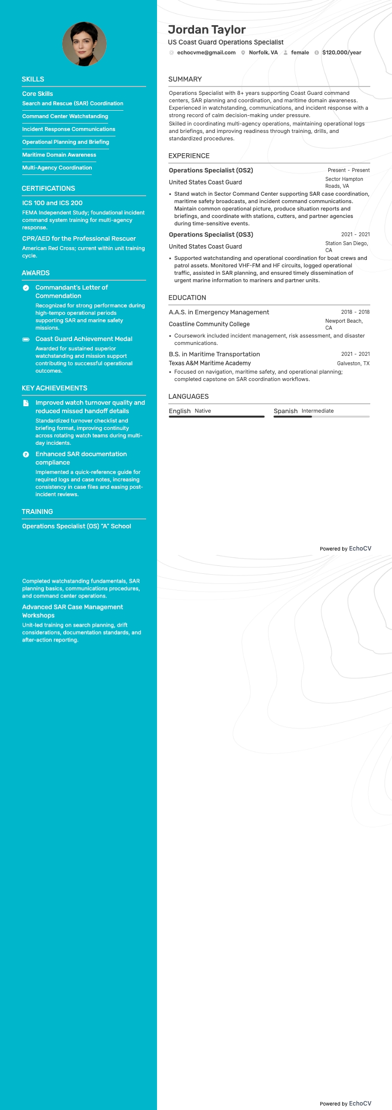 US Coast Guard Operations Specialist example resume