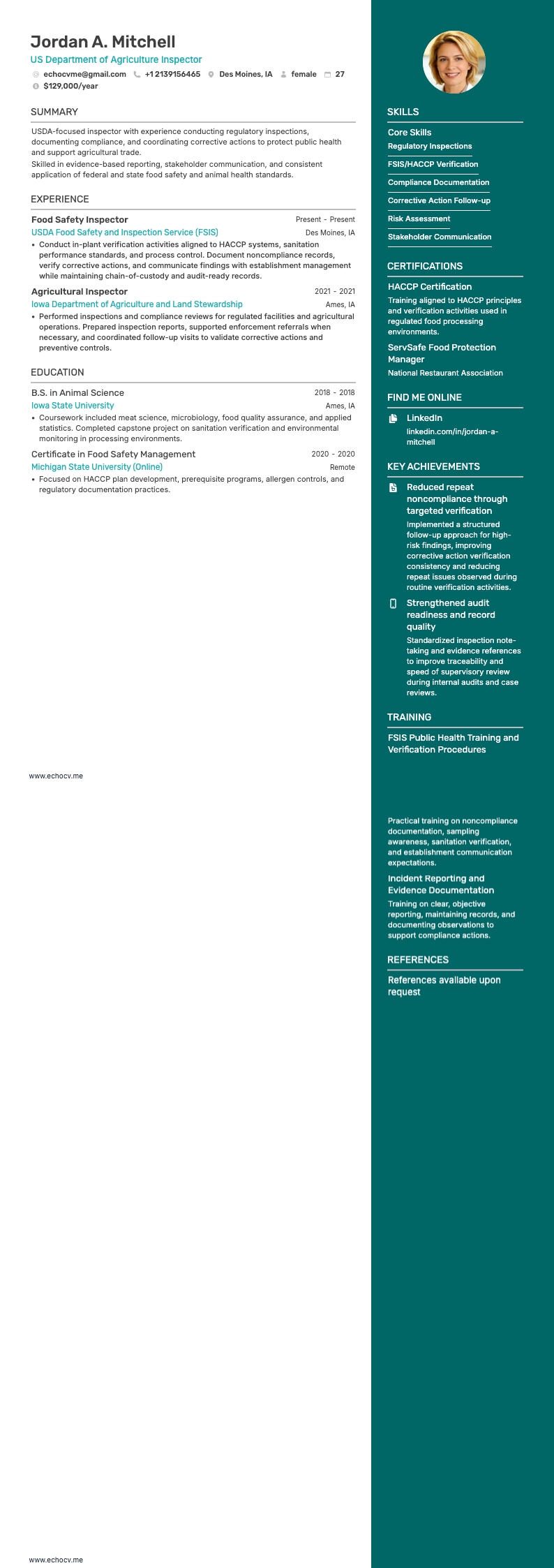 US Department of Agriculture Inspector example resume