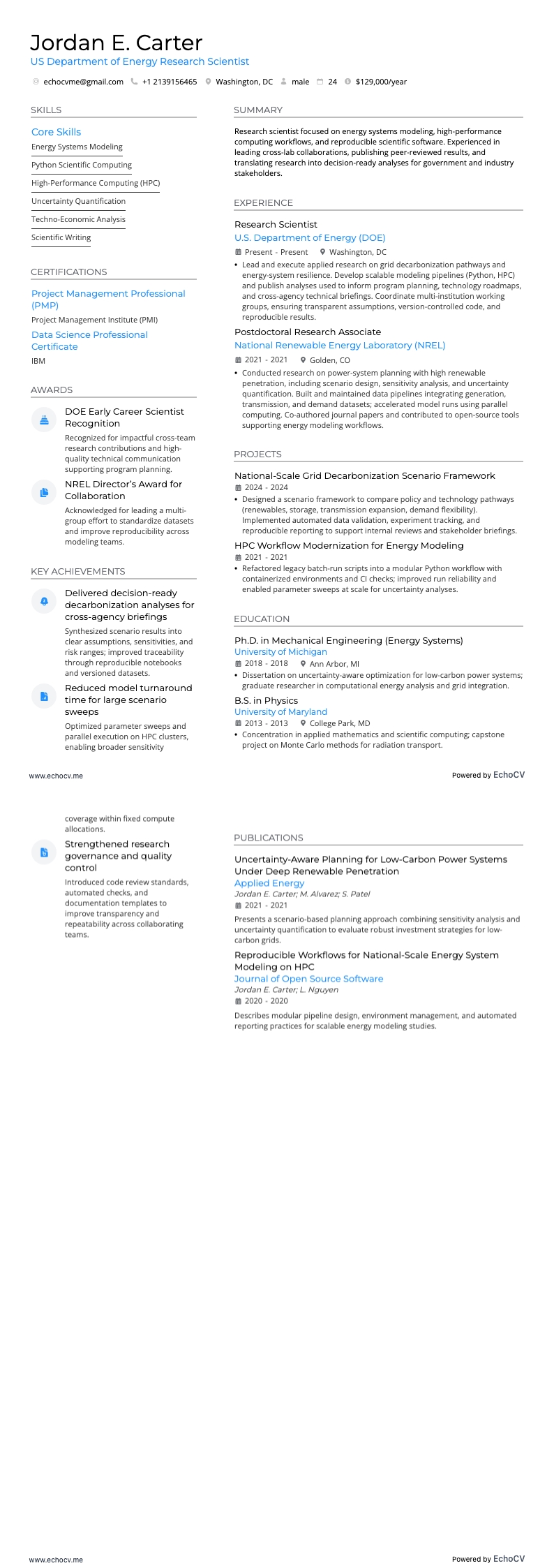 US Department of Energy Research Scientist example resume