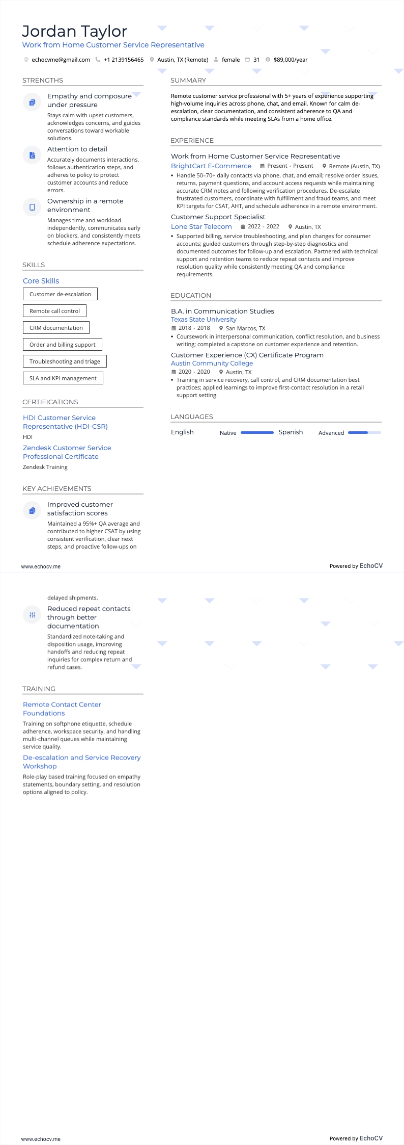 Work from Home Customer Service Representative example resume