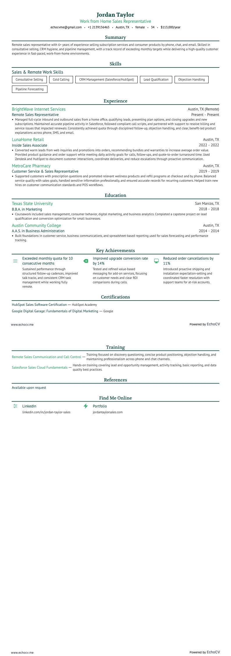 Work from Home resume example