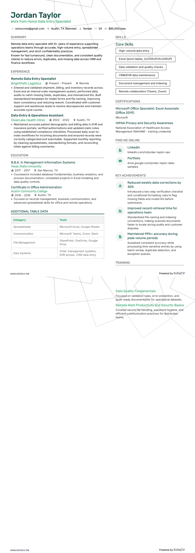 Work from Home Data Entry Specialist example resume