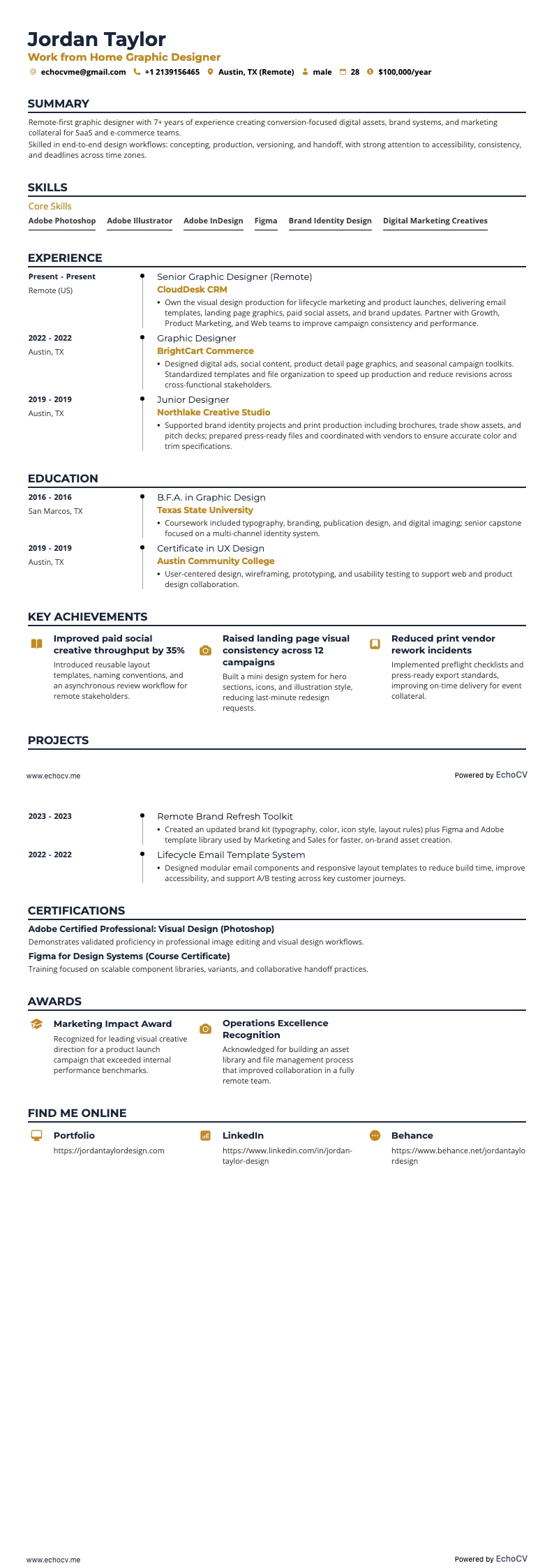 Trabalho remoto em casa resume example