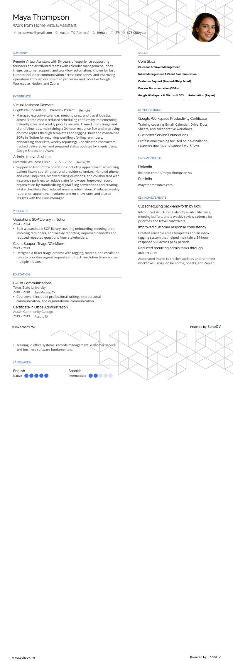 居家辦公 resume example