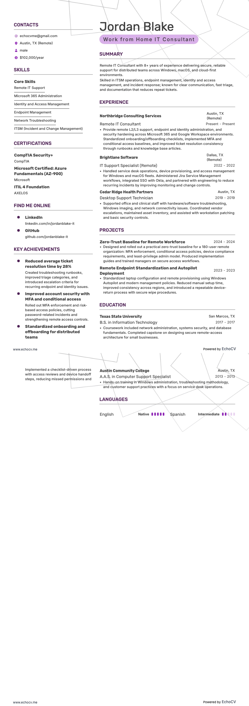 Làm việc tại nhà resume example