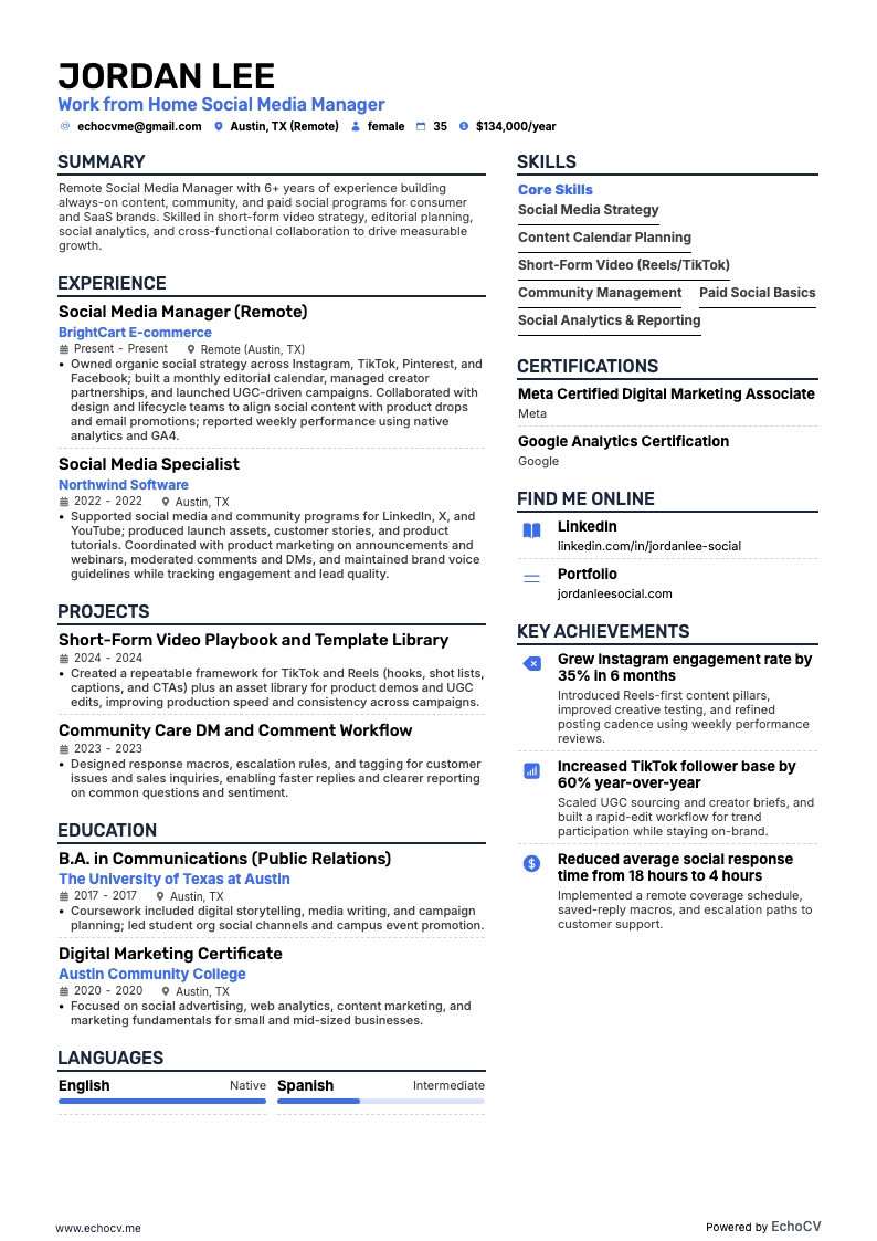 Work from Home Social Media Manager example resume
