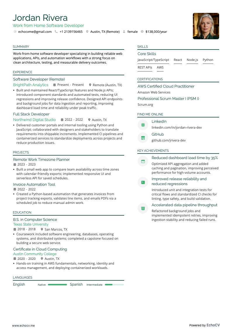 Work from Home Software Developer example resume