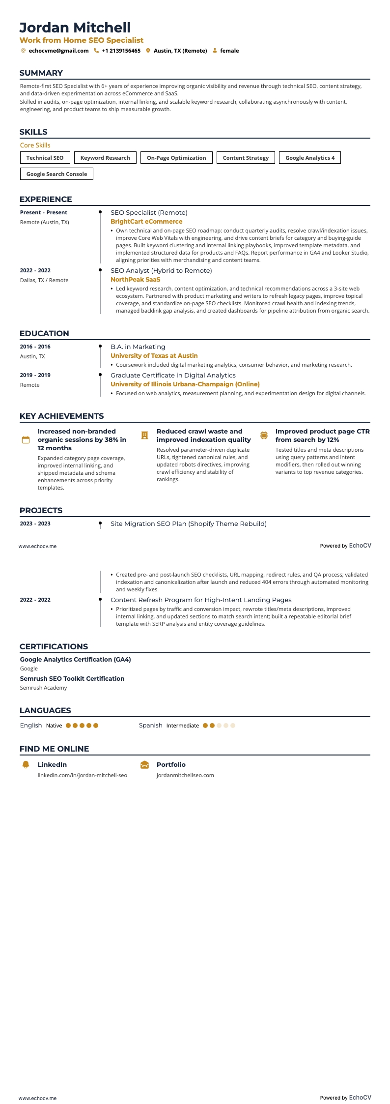 Trabajo desde casa resume example