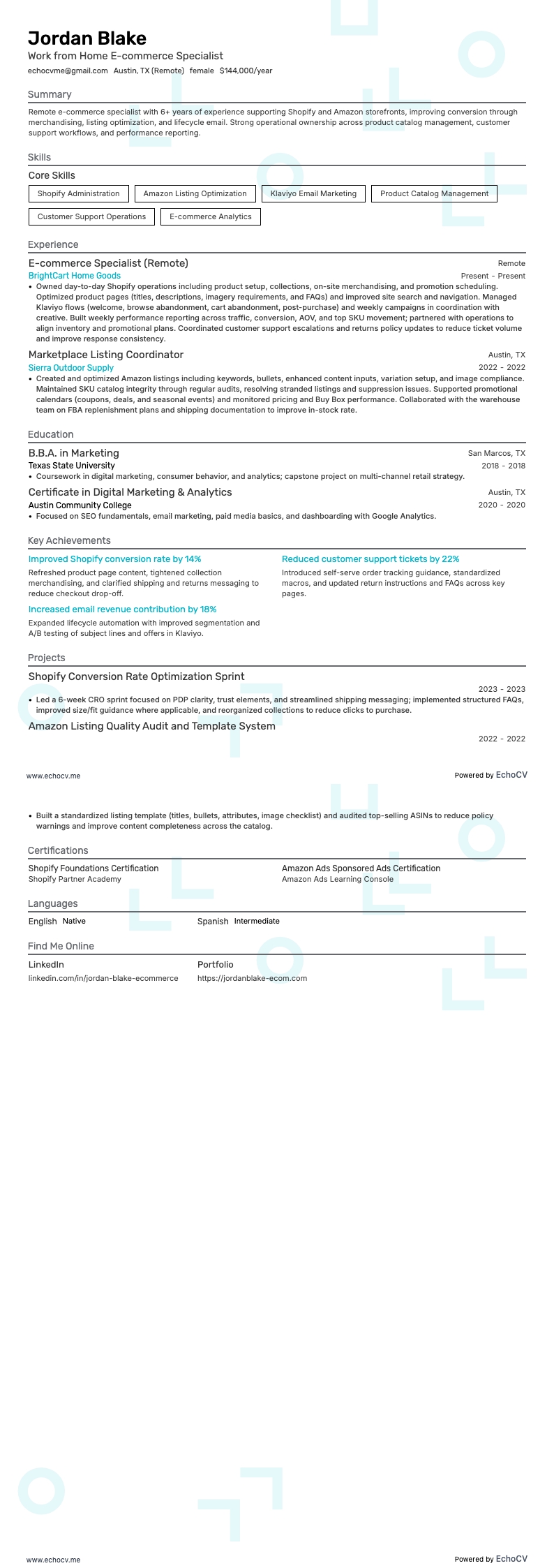 Work from Home E-commerce Specialist example resume