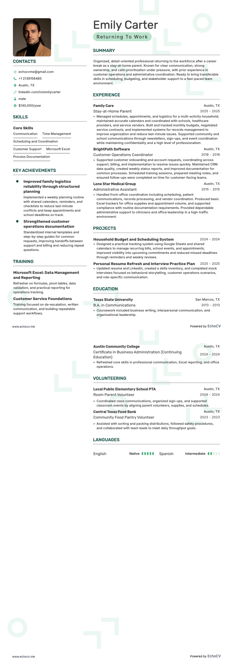 Returning To Work example resume